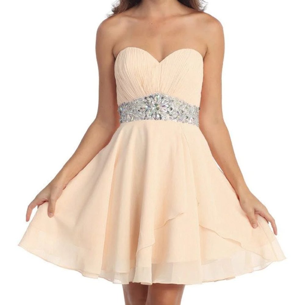 RUCHED SHORT STRAPLESS DRESS WITH BEADED WAIST BY STAR BOX 6068 (CHAMPAGNE)